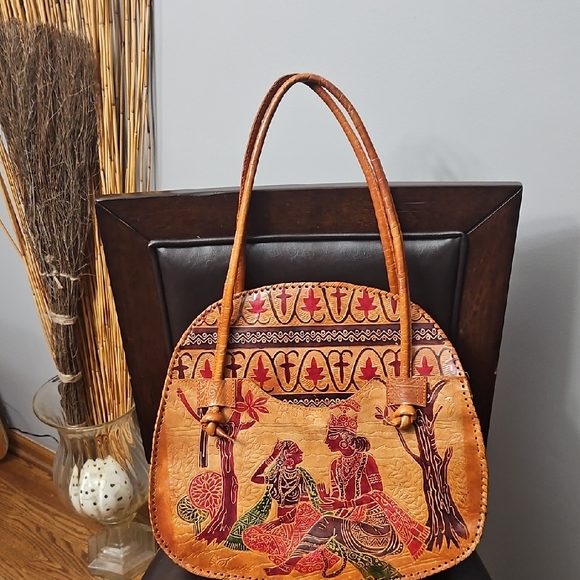 Handmade Handbags - Artistic Tribal Tan Leather Shoulder Bag